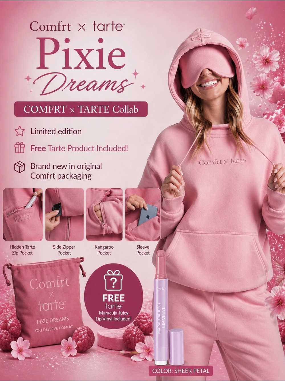 Comfrt x Tarte Pixie Hoodie M NWT + Lip Vinyl Sheer Petal SOLD OUT